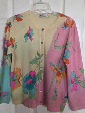 Leonard Paris Pink Yellow Floral 100% Wool Button Cardigan L **Read Description